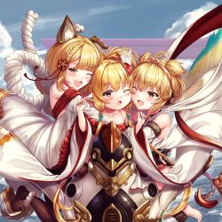 Rule 34 | 3girls, ;d, ;o, ahoge, andira (granblue fantasy), animal ear fluff, animal ears, ankle scrunchie, bare shoulders, barefoot, beads, black legwear, blonde hair, blunt bangs, blush, braid, brown eyes, cheek-to-cheek, chinese commentary, cloud, collarbone, commentary request, detached sleeves, dog ears, dog girl, dog tail, erune, fangs, feather hair ornament, feathers, girl sandwich, granblue fantasy, hagoromo, hair beads, hair ornament, hairband, harvin, heads together, highres, hug, love makira, mahira (granblue fantasy), monkey ears, monkey girl, monkey tail, multiple girls, one eye closed, open mouth, pantyhose, partial commentary, rope, sandwiched, scrunchie, shawl, shimenawa, short hair, smile, tail, two side up, vajra (granblue fantasy), white scrunchie, wide sleeves