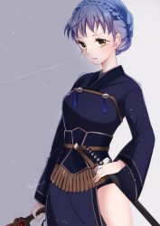 Rule 34 | 1girl, blue hair, braid, brown eyes, closed mouth, crown braid, fire emblem, fire emblem: three houses, highres, holding, holding sword, holding weapon, long sleeves, marianne von edmund, nintendo, sheath, sheathed, simple background, solo, sword, twitter username, weapon, wide sleeves, yutohiroya