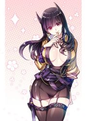 Rule 34 | 10s, 1girl, arm at side, black dress, black hair, blade &amp; soul, breasts, cable, center opening, character request, cleavage, closed mouth, cm (tenji1352), cowboy shot, dress, earrings, garter straps, gradient background, head tilt, headphones, headphones around neck, holding, holster, horns, jacket, jewelry, large breasts, long hair, long sleeves, looking at viewer, microdress, pillarboxed, polka dot, polka dot background, red eyes, sash, smile, solo, standing, sword, thigh holster, thighhighs, weapon