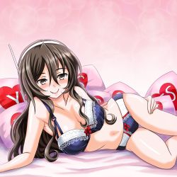 Rule 34 | 10s, 1girl, ashigara (kancolle), bed, black bra, black panties, bow, bow bra, bow panties, bra, breasts, brown eyes, brown hair, c:, cleavage, commentary request, fang, fang out, hairband, highres, kantai collection, large breasts, long hair, looking at viewer, lying, multicolored clothes, panties, smile, solo, tk8d32, underwear, underwear only, yes, yes-no pillow