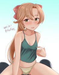Rule 34 | 1girl, akigumo (kancolle), ame-san, beige panties, breasts, brown hair, camisole, cleavage, commentary request, dated, gradient background, green camisole, green eyes, hair ribbon, highres, kantai collection, kuga zankurou, long hair, looking at viewer, mole, mole under eye, ponytail, ribbon, sitting, small breasts, solo, twitter username, wariza