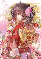 Rule 34 | 1girl, absurdres, arrow (projectile), bad id, bad pixiv id, beads, blurry, blurry foreground, blush, braid, brown hair, closed mouth, commentary, cowboy shot, crown braid, depth of field, ema, floral print, flower, from behind, glint, hair flower, hair ornament, head tilt, highres, holding, holding arrow, japanese clothes, kanzashi, kimono, long hair, long sleeves, looking at viewer, looking back, nengajou, new year, original, pig, pink flower, pink rose, print kimono, purple eyes, red kimono, rose, sakura honoka (srhk0623), sidelocks, smile, solo, standing, twintails, white flower, white rose, wide sleeves, yellow flower