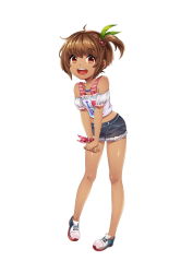 Rule 34 | blouse, brown eyes, child, denim, denim shorts, hair bobbles, hair ornament, highres, hitsuki rei, jewelry, looking at viewer, mayjasmine, melati, necklace, open mouth, shirt, short hair, shorts, side ponytail, smile