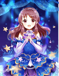 Rule 34 | 1girl, :d, ascot, bare shoulders, blue dress, blush, brown eyes, brown hair, commentary request, detached sleeves, dress, frills, glowstick, idolmaster, idolmaster cinderella girls, idolmaster cinderella girls starlight stage, long hair, long sleeves, lunacats, open mouth, own hands clasped, own hands together, purple ascot, purple sleeves, sleeves past wrists, smile, solo, sparkle, star (symbol), tachibana arisu, twitter username