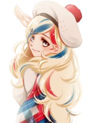 Rule 34 | 10s, 1girl, anchor hair ornament, bad id, bad pixiv id, beret, blonde hair, blue hair, commandant teste (kancolle), from behind, hair ornament, hair over shoulder, hat, highres, kantai collection, lips, long hair, looking at viewer, multicolored clothes, multicolored hair, multicolored scarf, plaid, plaid scarf, pom pom (clothes), red hair, salute, scarf, sheepd, smile, solo, streaked hair, swept bangs, upper body, wavy hair, white hair