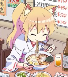 Rule 34 | 1girl, :t, animal ear fluff, animal ears, blonde hair, chair, chopsticks, closed eyes, closed mouth, commentary request, eating, food, fox ears, highres, holding, holding chopsticks, indoors, japanese clothes, kimono, long sleeves, noodles, obi, on chair, original, ponytail, ramen, ribbon-trimmed sleeves, ribbon trim, roku no hito, sash, sitting, solo, table, translation request, white kimono, wide sleeves