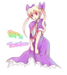 Rule 34 | 1girl, :o, blonde hair, cowboy shot, dress, kara (color), looking at viewer, madoka (twinbee), open mouth, pop&#039;n music, puffy short sleeves, puffy sleeves, purple dress, purple eyes, red ribbon, ribbon, short sleeves, sidelocks, simple background, solo, text focus, twinbee, twintails, white background