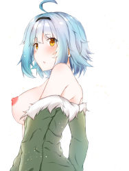 Rule 34 | 1girl, ahoge, black hairband, blue hair, blush, breasts, brown eyes, unworn clothes, dinas, eyes visible through hair, from behind, from side, fur-trimmed jacket, fur trim, girls&#039; frontline, green jacket, hair between eyes, hairband, highres, jacket, large breasts, long sleeves, looking at viewer, looking back, nipples, off shoulder, open clothes, parted lips, short hair, sidelocks, simple background, sparkle, t91 (girls&#039; frontline), white background