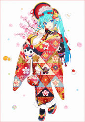 Rule 34 | 1girl, :d, aqua hair, black socks, blue eyes, blue hair, blush, bonnet, branch, floral print, flower, frilled kimono, frilled sleeves, frills, full body, gradient hair, hair between eyes, hakusai (tiahszld), hand up, hatsune miku, highres, japanese clothes, kimono, long hair, long sleeves, multicolored hair, open mouth, pink flower, platform footwear, print kimono, red footwear, red headwear, shirt, sleeves past wrists, smile, socks, solo, tabi, twintails, vocaloid, white background, white shirt, wide sleeves