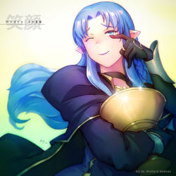 Rule 34 | 1girl, artist name, black gloves, blue eyes, blue hair, braid, cape, chalice, choker, commentary, cup, fate/grand order, fate/stay night, fate (series), gloves, holy grail, jewelry, light smile, lipstick, long hair, makeup, matching hair/eyes, medea (fate), one eye closed, pointy ears, purple lips, richard suwono, ring, side braid, solo, tears, wiping tears