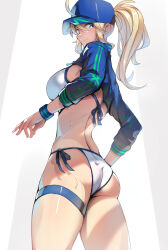 Rule 34 | 1girl, aqua eyes, artoria pendragon (fate), ass, ayakumo, bikini, blonde hair, fate/grand order, fate (series), from behind, from below, hat, long hair, looking back, mysterious heroine x (fate), mysterious heroine xx (fate), ponytail, side-tie bikini bottom, solo, swimsuit, thigh strap