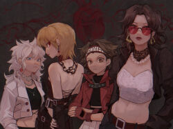 Rule 34 | 4girls, absurdres, backless shirt, belt, blonde hair, blue eyes, breasts, brown eyes, brown hair, chain, chain necklace, choker, cleavage, crop top, cropped jacket, crossed arms, dangle earrings, earrings, fingerless gloves, genderswap, genderswap (mtf), gloves, gon freecss, goth fashion, hands on own hips, headband, highres, hoop earrings, hunter x hunter, ik18166181ik, jacket, jewelry, killua zoldyck, kurapika, lace, lace choker, leorio paladiknight, lipstick, long hair, looking at viewer, makeup, medium breasts, multiple girls, navel, necklace, open clothes, open jacket, red eyes, slit pupils, small breasts, sunglasses, upper body, wavy hair, white hair