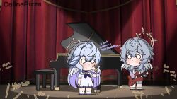 Rule 34 | 1boy, 1girl, aged down, brother and sister, celinepizza, chibi, closed mouth, collared dress, dress, english text, grand piano, halo, head wings, highres, honkai: star rail, honkai (series), instrument, long hair, multicolored hair, no pupils, piano, pout, purple footwear, purple hair, robin (honkai: star rail), siblings, socks, standing, sunday (honkai: star rail), tearing up, two-tone hair, white dress, white socks, white wings, wings