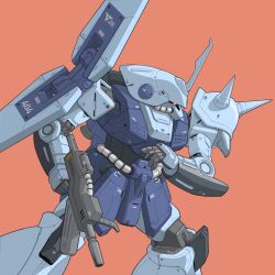 Rule 34 | bmwsb0, commentary, feet out of frame, gun, gundam, hand up, highres, holding, holding gun, holding weapon, horns, marasai, mecha, mobile suit, no humans, one-eyed, orange background, red eyes, robot, science fiction, shoulder spikes, simple background, single horn, solo, spikes, standing, titans (gundam), weapon, zeta gundam