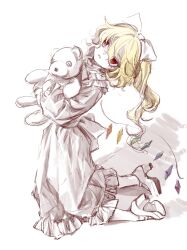 Rule 34 | 1girl, 80isiiii, absurdres, alternate costume, blonde hair, bow, crystal wings, dress, flandre scarlet, frilled dress, frills, from side, full body, hair bow, high heels, highres, holding, holding stuffed toy, kneeling, leaning back, long hair, long sleeves, mary janes, monochrome, one side up, parted lips, rainbow order, red eyes, shoes, sketch, slit pupils, solo, spot color, stuffed animal, stuffed toy, teddy bear, touhou, white background