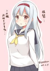 Rule 34 | 10s, 1girl, 2015, arms behind back, blush, brown eyes, chaa (korone-ze), dated, hairband, kantai collection, long hair, looking at viewer, open mouth, school uniform, shoukaku (kancolle), simple background, solo, sweatdrop, translated, twitter username, white hair