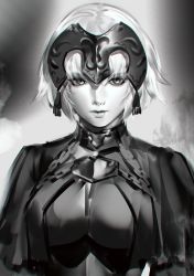Rule 34 | 1girl, armor, breasts, cape, chain, fate/grand order, fate (series), grey background, greyscale, headpiece, jeanne d&#039;arc (fate), jeanne d&#039;arc alter (avenger) (fate), jeanne d&#039;arc alter (fate), large breasts, looking at viewer, monochrome, short hair, yd (orange maru)