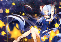 Rule 34 | 1girl, absurdly long hair, absurdres, blue dress, blue hair, blush, breasts, brown eyes, collarbone, dress, highres, long hair, looking at viewer, maya g, medium breasts, night, night sky, parted lips, sky, solo, star (sky), starry sky, twintails, very long hair, vocaloid, xingchen