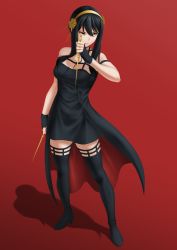 Rule 34 | 1girl, black dress, black footwear, black gloves, black hair, boots, breasts, dagger, dress, dual wielding, earrings, fingerless gloves, gloves, gold earrings, gold hairband, hairband, high heel boots, high heels, highres, holding, holding dagger, holding knife, holding weapon, jewelry, knife, large breasts, red background, red eyes, satyarizqy, short hair, short hair with long locks, sidelocks, solo, spy x family, standing, stiletto (weapon), thigh boots, two-sided dress, two-sided fabric, weapon, yor briar