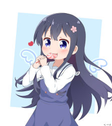 Rule 34 | 1girl, absurdres, aqua background, artist name, black hair, blue dress, blue eyes, blush, border, buttons, candy, commentary request, cowboy shot, dress, flower, food, food in mouth, hair flower, hair ornament, hand up, heart, highres, holding, holding candy, holding food, long hair, long sleeves, painter-lhb, sailor collar, shirosaki hana, shirt, sidelocks, simple background, solo, watashi ni tenshi ga maiorita!, white border, white sailor collar, white shirt, wrinkled fabric