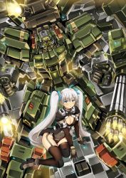 Rule 34 | 1girl, absurdres, arm cannon, autocannon, bad id, bad pixiv id, blue eyes, blush, breasts, cannon, cleavage cutout, clenched hands, clothing cutout, covered navel, firing, garimpeiro, glowing, glowing eyes, green eyes, highres, leaning to the side, mecha, medium breasts, multiple-barrel firearm, original, parted lips, pilot suit, robot, rotary cannon, science fiction, shoulder cannon, sitting, thighhighs, twintails, weapon, white hair