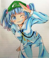 Rule 34 | 1girl, bad id, bad pixiv id, bent over, blue eyes, blue hair, grin, hair bobbles, hair ornament, hat, kawashiro nitori, key, long sleeves, marker (medium), matching hair/eyes, navel, oimo (imoyoukan), one eye closed, salute, shirt, skirt, skirt set, smile, solo, touhou, traditional media, twintails, two side up