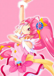 Rule 34 | 1girl, ahoge, arm up, choker, closed mouth, clothing cutout, commentary, cure star, dress, from side, fur cuffs, hair ornament, highres, hoshina hikaru, kazuma muramasa, long hair, looking at viewer, magical girl, pink background, pink dress, pink eyes, pink hair, pink theme, pouch, precure, short dress, shoulder cutout, sleeveless, sleeveless dress, smile, solo, standing, star (symbol), star choker, star hair ornament, star twinkle precure, twintails, very long hair