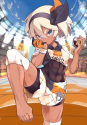 Rule 34 | 1girl, barefoot, bea (pokemon), black hairband, black ribbon, blue eyes, blue sky, clothes writing, cloud, commentary request, covered navel, cowboy shot, creatures (company), crowd, dark-skinned female, dark skin, day, furorina, game freak, gloves, gym leader, hair between eyes, hair ribbon, hairband, hands up, head tilt, highres, holding, leg up, looking at viewer, nintendo, outdoors, poke ball, pokemon, pokemon swsh, ribbon, shirt, short hair, short shorts, short sleeves, shorts, silver hair, single glove, sky, solo, stadium, standing, standing on one leg, t-shirt, thick eyebrows, thighs, ultra ball, v-shaped eyebrows, white shirt, white shorts, wristband