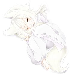 Rule 34 | 1girl, animal ears, closed eyes, fetal position, fox ears, fox tail, hugging own tail, hugging tail, long hair, lowres, multiple tails, original, ribbon-trimmed sleeves, ribbon trim, simple background, sleeping, tail, torinauta, two tails, white background, white hair