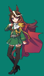 Rule 34 | 1girl, absurdres, animal ears, arm at side, ascot, belt, black footwear, black thighhighs, breasts, brown hair, closed mouth, earrings, epaulettes, full body, green background, green jacket, green skirt, hand up, high heels, highres, horse ears, horse girl, horse tail, jacket, jewelry, long hair, looking at viewer, medal, miniskirt, multicolored hair, purple eyes, side cape, simple background, single earring, single epaulette, skirt, small breasts, smile, solo, standing, streaked hair, suzuhara kenji, symboli rudolf (umamusume), tail, thighhighs, umamusume, white ascot