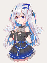 Rule 34 | 1girl, amane kanata, amane kanata (work), bare shoulders, black bow, black dress, black gloves, blue hair, blush, bow, commentary request, dress, feathered wings, gloves, grey background, grey shirt, hair between eyes, hair bow, hair ornament, hairclip, hands up, highres, hololive, long hair, looking away, meito (maze), mini wings, multicolored hair, off-shoulder dress, off shoulder, one side up, parted lips, partially fingerless gloves, see-through, shirt, silver hair, simple background, sleeveless, sleeveless shirt, solo, two-tone hair, v-shaped eyebrows, very long hair, virtual youtuber, white wings, wings