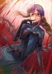 Rule 34 | 1girl, black dress, blood, blood from mouth, bodysuit, braid, breasts, brown hair, choker, commentary request, dress, fate/grand order, fate (series), finger to own chin, glasses, highres, kuroi susumu, long hair, looking at viewer, red eyes, single braid, solo, strapless, strapless dress, striped bodysuit, very long hair, yu mei-ren (fate), yu mei-ren (first ascension) (fate)