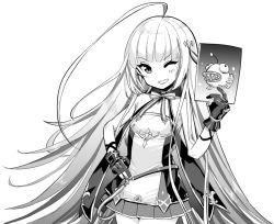 Rule 34 | 1girl, ;d, ahoge, armpit crease, azur lane, bare arms, bare shoulders, breasts, cowboy shot, dress, gloves, greyscale, grin, hand on own hip, hand up, holding, hori (hori no su), huge ahoge, long hair, looking at viewer, monochrome, one eye closed, open mouth, partially fingerless gloves, pleated dress, sleeveless, sleeveless dress, small breasts, smile, solo, strapless, strapless dress, vauquelin (azur lane), very long hair