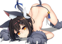 Rule 34 | 1girl, :&lt;, animal ears, animal hands, ass, back, bell, black hair, blue ribbon, commentary, dangeroes beast (miyu), fate/kaleid liner prisma illya, fate (series), gloves, hair ornament, hairclip, healther, jingle bell, miyu edelfelt, orange eyes, paw gloves, ribbon, simple background, solo, tail, tail ornament, tail ribbon, top-down bottom-up, topless, white background