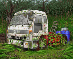 Rule 34 | abandoned, bad id, bad pixiv id, commentary request, drum (container), grass, isuzu motors, kazu-chan, ladder, motor vehicle, no humans, original, outdoors, overgrown, rust, semi truck, tire, tree, truck, vehicle focus, vehicle request