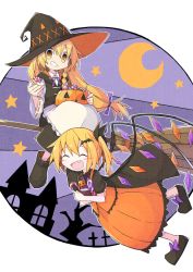 Rule 34 | 2girls, alternate color, apron, asameshi, bat hair ornament, black bow, black dress, black footwear, black headwear, blonde hair, blush stickers, bow, braid, broom, broom riding, building, candy, commentary, crescent moon, cross, crystal, dress, fang, flandre scarlet, footwear bow, full body, grin, hair bow, hair ornament, halloween, hat, jack-o&#039;-lantern, jack-o&#039;-lantern print, kirisame marisa, long hair, low-tied long hair, moon, multiple girls, neck ribbon, open mouth, orange dress, outstretched arm, purple background, purple bow, purple neckwear, ribbon, shirt, shoes, short sleeves, single braid, smile, star (symbol), tombstone, touhou, tree, waist apron, white shirt, wings, witch hat, wrapped candy, yellow eyes