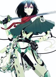 Rule 34 | 1girl, belt, black eyes, black gloves, black hair, capelet, emblem, gloves, green capelet, hair between eyes, hand on own hip, highres, holding, holding sword, holding weapon, looking at viewer, mikasa ackerman, nike (company), red scarf, scarf, shingeki no kyojin, short hair, simple background, solo, standing, sword, three-dimensional maneuver gear, vinne, weapon, white background