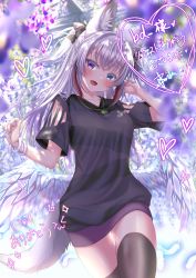 Rule 34 | 1girl, :d, animal ears, arm cutout, bangle, black thighhighs, blue eyes, blurry, bracelet, breasts, commission, depth of field, fang, flower, fox ears, fox girl, fox tail, heterochromia, highres, jewelry, long hair, medium breasts, open mouth, original, purple eyes, shirt, short sleeves, skeb commission, skin fang, smile, tail, thighhighs, two side up, white hair, wings, zeronoriku00