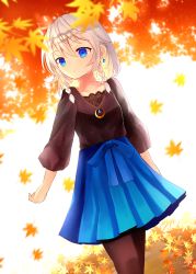 Rule 34 | 1girl, alternate costume, autumn leaves, black shirt, blue eyes, blue gemstone, blue skirt, blurry, braid, brown pantyhose, casual, collarbone, contemporary, cowboy shot, day, depth of field, dutch angle, earrings, expressionless, gem, hair between eyes, izayoi sakuya, jewelry, leaf, light particles, long sleeves, looking to the side, maple leaf, necklace, outdoors, pantyhose, pendant, pleated skirt, sakizaki saki-p, shirt, short hair, silver hair, skirt, solo, touhou, twin braids