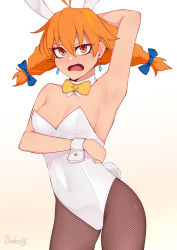 Rule 34 | 1girl, aika (eternal arcadia), alternate costume, animal ears, arm behind head, arm up, armpits, artist name, bare shoulders, blush, bow, bowtie, braid, breasts, commentary, covered navel, cowboy shot, darahan, detached collar, earrings, embarrassed, eternal arcadia, fake animal ears, fake tail, fishnet pantyhose, fishnets, jewelry, leotard, long hair, looking at viewer, medium breasts, open mouth, orange eyes, orange hair, pantyhose, playboy bunny, rabbit ears, rabbit tail, signature, simple background, solo, strapless, strapless leotard, tail, twintails, upper body, wrist cuffs