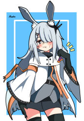 Rule 34 | 1girl, :t, absurdres, animal ear fluff, animal ears, arknights, artist name, black gloves, black skirt, black thighhighs, blue background, blush, closed mouth, commentary request, elbow gloves, frostnova (arknights), gloves, grey eyes, grey hair, hair over one eye, hand up, hendra, highres, jacket, long sleeves, notice lines, pout, rabbit ears, signature, skirt, solo, thighhighs, turtleneck, two-tone background, white background, white jacket, wide sleeves