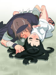 Rule 34 | 1boy, 1girl, bandages, black eyes, black hair, blush, brown hair, closed eyes, field, headband, hetero, holding hands, kiss, lying, mono (shadow of the colossus), necking, on back, sandals, shadow of the colossus, surcoat, sweat, tensugi takashi, wander (shadow of the colossus)