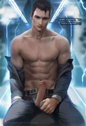 Rule 34 | 1boy, absurdres, brown eyes, brown hair, coin, connor (detroit), detroit: become human, erection, highres, looking at viewer, male focus, penis, pov, sakimichan, solo, text focus, uncensored, undressing