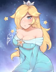 Rule 34 | 1girl, :o, bare shoulders, blonde hair, blue dress, blue eyes, breasts, brooch, cleavage, commentary, crown, dress, hair over one eye, highres, jewelry, large breasts, long hair, long sleeves, looking at viewer, mario (series), mini crown, nintendo, off-shoulder dress, off shoulder, parted lips, purrlucii, rosalina, solo, star (symbol), super mario galaxy, upper body, very long hair