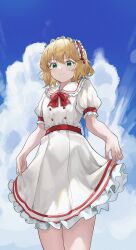 Rule 34 | 1girl, absurdres, blonde hair, blue sky, chinese commentary, closed mouth, cloud, cloudy sky, commentary request, cowboy shot, dress, fr-ee-dom, frills, green eyes, hairband, highres, idolmaster, idolmaster cinderella girls, idolmaster cinderella girls u149, looking at viewer, puffy short sleeves, puffy sleeves, red hairband, sakurai momoka, short hair, short sleeves, skirt hold, sky, smile, solo, white dress