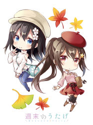 Rule 34 | 2girls, autumn leaves, bag, bag charm, beret, between breasts, black footwear, black legwear, black ribbon, blue pants, blush, boots, breasts, brown footwear, brown hair, cabbie hat, charm (object), chibi, closed mouth, clothing cutout, collared shirt, commentary request, denim, flower, ginkgo leaf, hair between eyes, hair flower, hair ornament, hairclip, hat, highres, index finger raised, jeans, knee boots, leaf, long hair, long sleeves, looking at viewer, maple leaf, medium breasts, multiple girls, original, pants, pink shirt, ponytail, red eyes, red hat, red skirt, ribbon, shiro kuma shake, shirt, shoulder bag, shoulder cutout, simple background, skirt, sleeves past wrists, small breasts, smile, star (symbol), star hair ornament, strap between breasts, sweater, thighhighs, thighhighs under boots, turtleneck, turtleneck sweater, very long hair, white background, white flower, white hat, white sweater