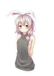 Rule 34 | 1girl, animal ears, arms behind back, backless dress, backless outfit, benghuai xueyuan, blush, brown eyes, closed mouth, dress, fox ears, grey hair, grey sweater, hair over shoulder, halterneck, highres, honkai (series), light smile, long hair, looking at viewer, meme attire, naked sweater, ribbed sweater, ruochongsang, simple background, smile, solo, sweater, sweater dress, theresa apocalypse, theresa apocalypse (sakuno rondo), turtleneck, turtleneck sweater, upper body, virgin killer sweater, white background