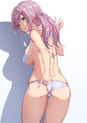 Rule 34 | 1girl, adjusting clothes, against wall, akino komichi, ass, bikini, blue eyes, breasts, butt crack, cameltoe, commentary request, covered erect nipples, fingernails, halterneck, highres, large breasts, looking at viewer, looking back, low twintails, original, purple hair, shadow, side-tie bikini bottom, simple background, solo, standing, string bikini, sweat, swimsuit, twintails, white background