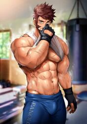Rule 34 | 1boy, abs, alternate body hair, alternate costume, alternate eye color, arm hair, bara, bare arms, blue pants, blurry, blurry background, brown hair, bulge, chest hair, clothes lift, cross scar, fate/grand order, fate (series), feet out of frame, fingerless gloves, gloves, green eyes, groin, hairy, highres, kashi kosugi, large pectorals, long sideburns, looking at viewer, male focus, mature male, muscular, muscular male, napoleon bonaparte (fate), navel, navel hair, nipples, pants, pectorals, scar, scar on chest, shiny skin, shirt lift, short hair, sideburns, solo, spiked hair, standing, steaming body, stomach, sweat, tank top, thick eyebrows, thick thighs, thighs, tight clothes, tight pants, underpec, veins, veiny arms, white tank top, wiping sweat