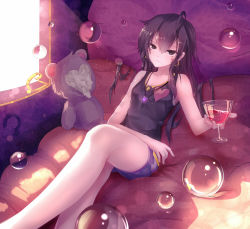 Rule 34 | 1girl, ahoge, bare shoulders, bed, brown eyes, brown hair, bubble, collarbone, commentary request, cup, drinking glass, earrings, facial tattoo, heart, heart tattoo, highres, hoop earrings, jewelry, long hair, looking at viewer, messy hair, necklace, original, qian ye (qys3), qys3, short shorts, shorts, smile, solo, stuffed animal, stuffed toy, tank top, tattoo, teddy bear, wine glass